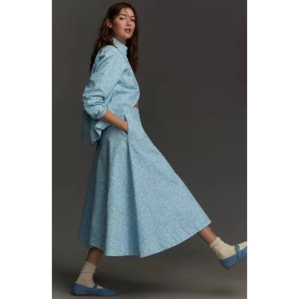 Anthropologie Marimekko Midi Skirt Blue Piirto Unikko Preppy Retro Size 34 New